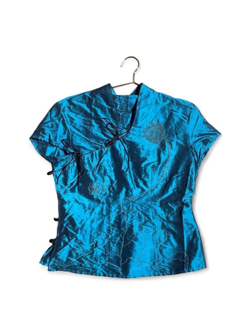 Blue Satin Embroidered Cap-Sleeve Top